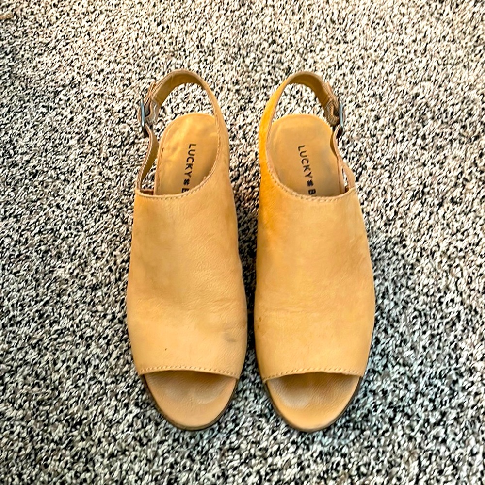 Lucky Brand. Sling back, open toe bootie.